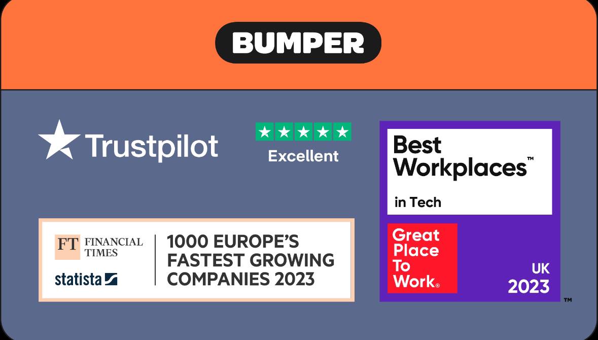 Bumper payment partner with Trustpilot Excellent rating and Best Workplaces recognition